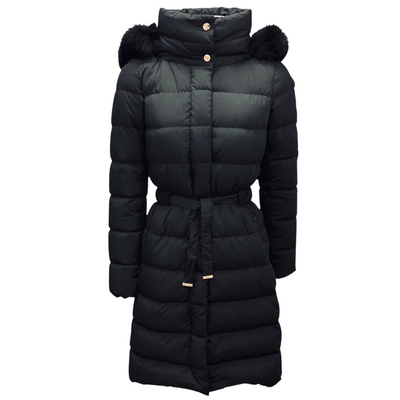 HERNO BLACK FOX FUR TRIMMED DOWN PUFFER POLAR TECH COAT WITH BELT - Picture 1 of 6